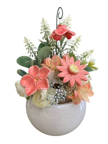 Asztaldísz barack kerámia virágokkal -  nagy gömb kaspóban