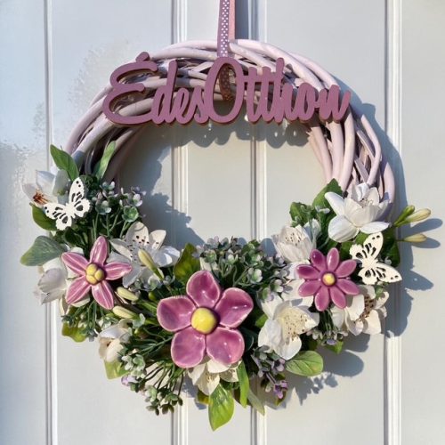 Ajtódísz kerámia virágokkal - LILA, 20 cm