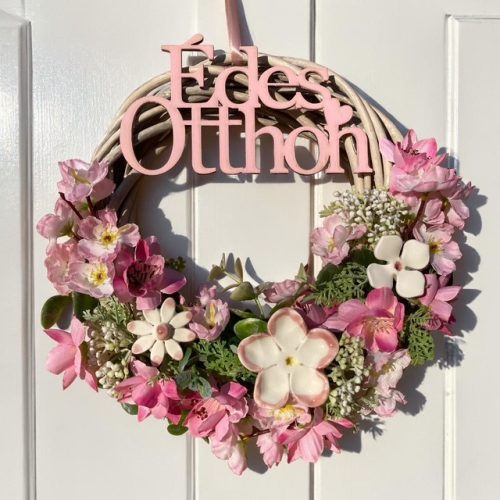 Ajtódísz kerámia virágokkal - RÓZSASZÍN, 20 cm