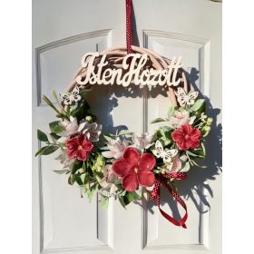 Ajtódísz kerámia virágokkal - BORDÓ, 20 cm