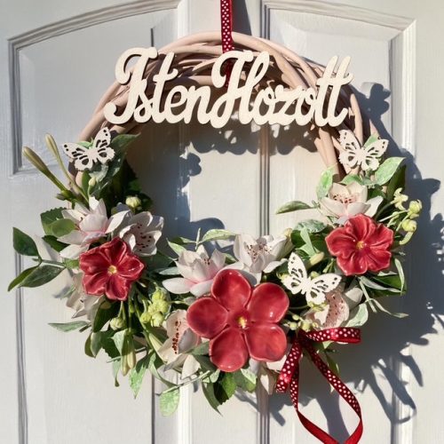 Ajtódísz kerámia virágokkal - BORDÓ, 20 cm