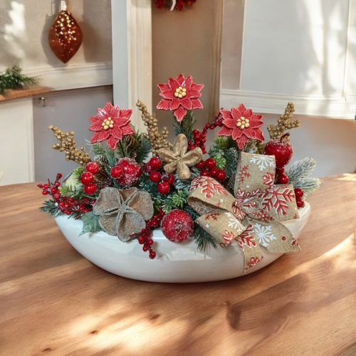 Karácsonyi dísz kerámia mikulás virágokkal - piros