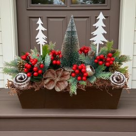   BETÉT102.Karácsonyi virágláda betét fenyőfákkal, piros bogyókkal, 40 cm-es