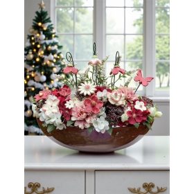   Asztaldísz bordó kerámia virágokkal nagy csónak kaspóban