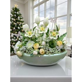   Asztaldísz kerámia hunyorral nagy csónak kaspóban - fehér