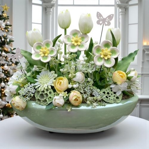 Asztaldísz kerámia hunyorral nagy csónak kaspóban - fehér