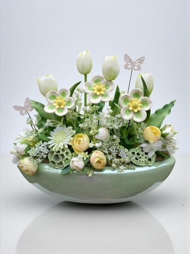 Asztaldísz kerámia hunyorral nagy csónak kaspóban - fehér