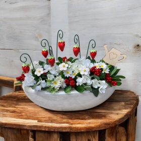 Epres asztaldísz csónak kaspóban kerámia eperrel