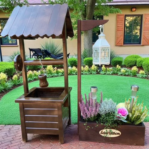 Szett 21. Fa kerekes kút 90 cm + gyertyalámpás virágláda  - sötét barna