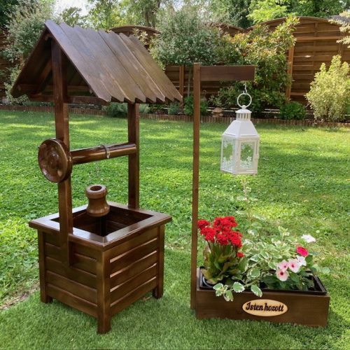 Szett 21. Fa kerekes kút 90 cm + gyertyalámpás virágláda  - sötét barna
