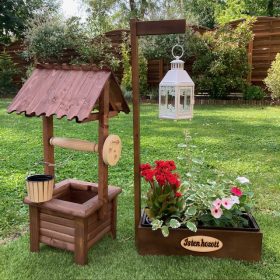   Szett 27. Fa kerekes kút 66 cm + gyertyalámpás virágláda  - sötét barna