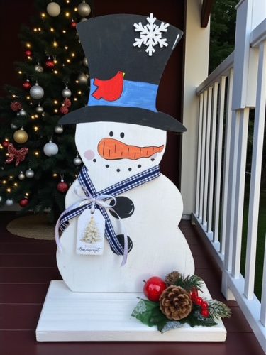 Kézzel festett fa Hóember figura – 42×26 cm; kültéri és beltéri dekoráció 