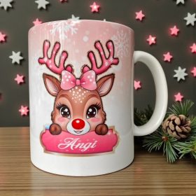   Karácsonyi bögre rénszarvassal, saját névvel - rózsaszín