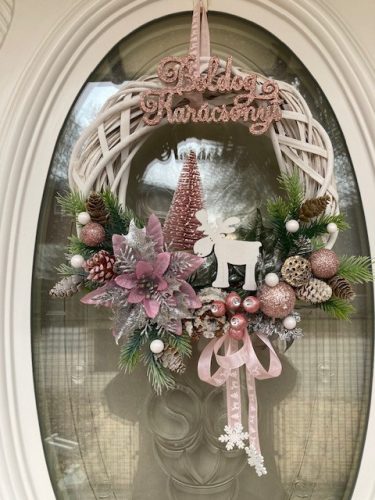 Elegáns Karácsonyi ajtódísz, rózsaszín - 30 cm