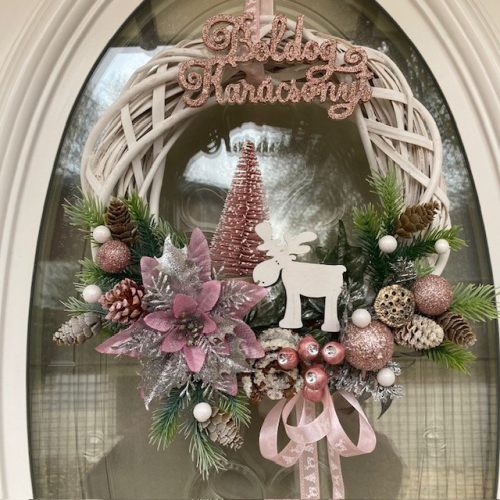 Elegáns Karácsonyi ajtódísz, rózsaszín - 30 cm
