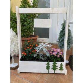   Karácsonyi virágláda - Fa kerti virágláda táblás, ünnepi kiadás, fehér