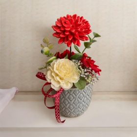 Asztaldísz kerámia dáliával - piros