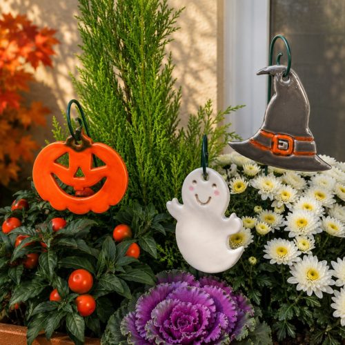 Halloween dekoráció akasztós - kerámia halloween tök, szellem, boszorkány sapka