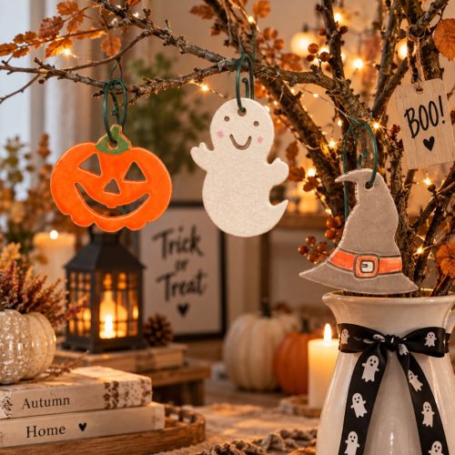 Halloween dekoráció akasztós - kerámia halloween tök, szellem, boszorkány sapka