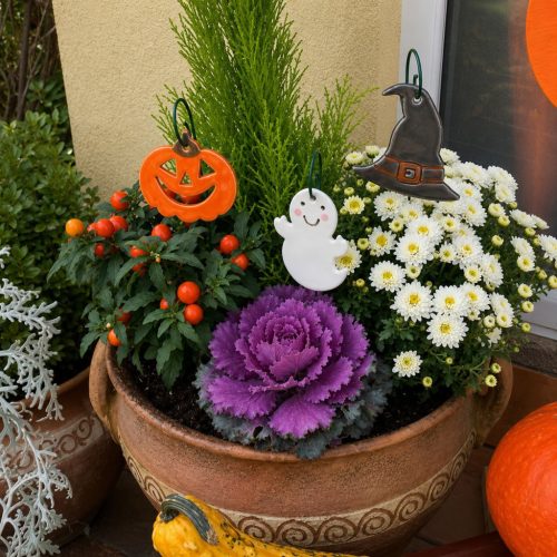 Halloween dekoráció akasztós - kerámia halloween tök, szellem, boszorkány sapka