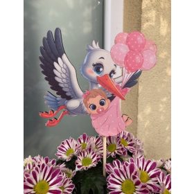   Gólya babával pálcás beszúró, rózsaszín; babaváró gólya