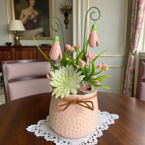 Asztaldísz kerámia hóvirággal - rózsaszín