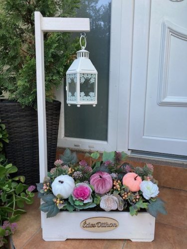 Virágláda - Fa kerti virágláda  lámpással, fehér