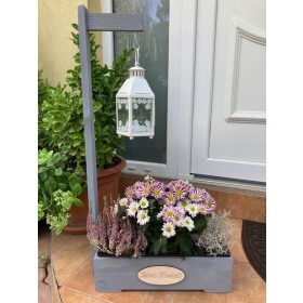 Virágláda - Fa kerti virágláda  lámpással, szürke