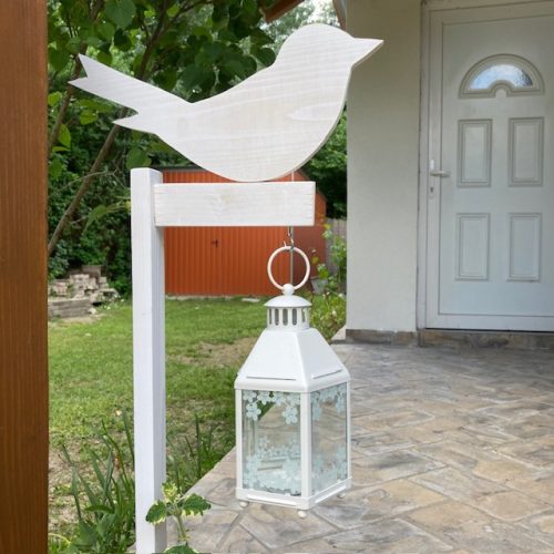 Madárkás virágláda lámpással - fehér