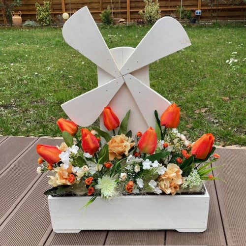 Virágláda - Fa kerti virágláda - malom, fehér