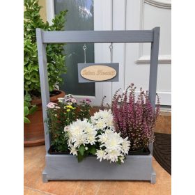 Virágláda - Fa kerti virágláda táblás, szürke