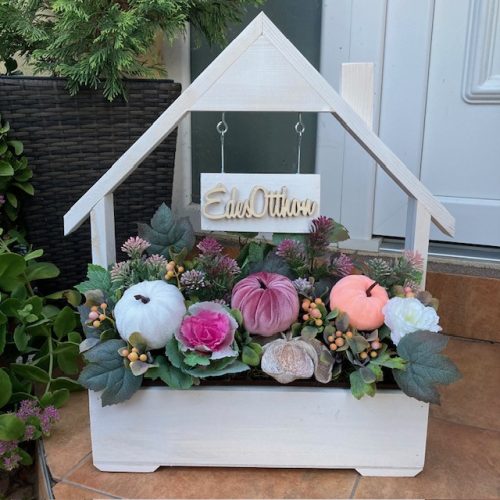 Virágláda - Fa kerti virágláda; házikó táblával - fehér