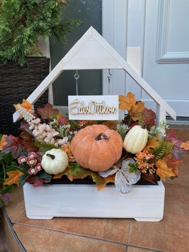 Virágláda - Fa kerti virágláda; házikó táblával - fehér