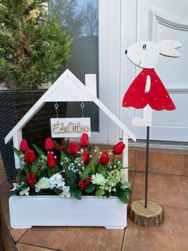 Virágláda - Fa kerti virágláda; házikó táblával - fehér