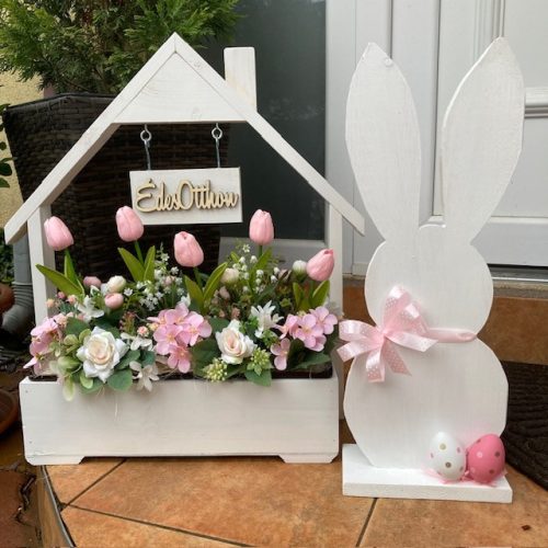 Virágláda - Fa kerti virágláda; házikó táblával - fehér