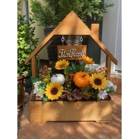   Virágláda - Fa kerti virágláda; házikó táblával - dióbarna