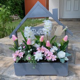   Virágláda - Fa kerti virágláda; házikó táblával - szürke