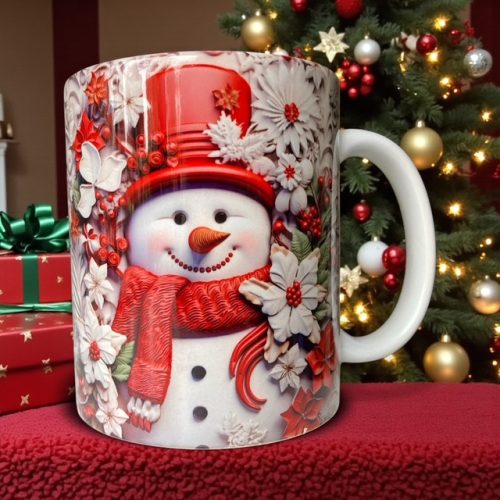 Karácsonyi bögre hóemberrel - piros 3 dl