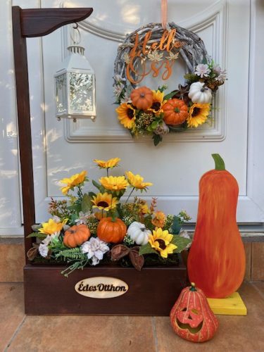 3 RÉSZES Őszi napraforgós szett, ajtódísz 35 cm+virágláda betét+AJÁNDÉK VIRÁGLÁDA